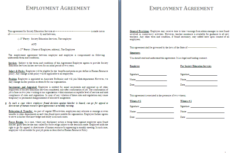 Employment Agreement Template Free Printable MS Word Format Free