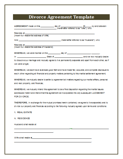Divorce Agreement Template Free Printable MS Word Format Free