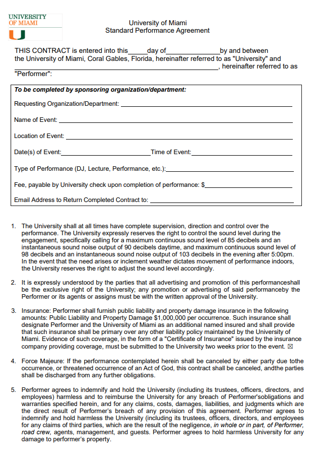 University Standard Performance Agreement Template